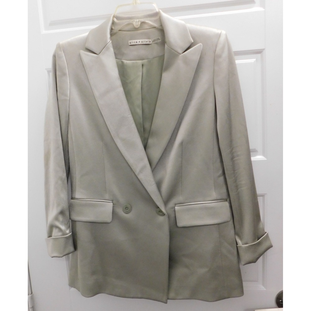 Alice + Olivia Women's Justin Double Breasted Pale Green‎ Satin Blazer Size 0